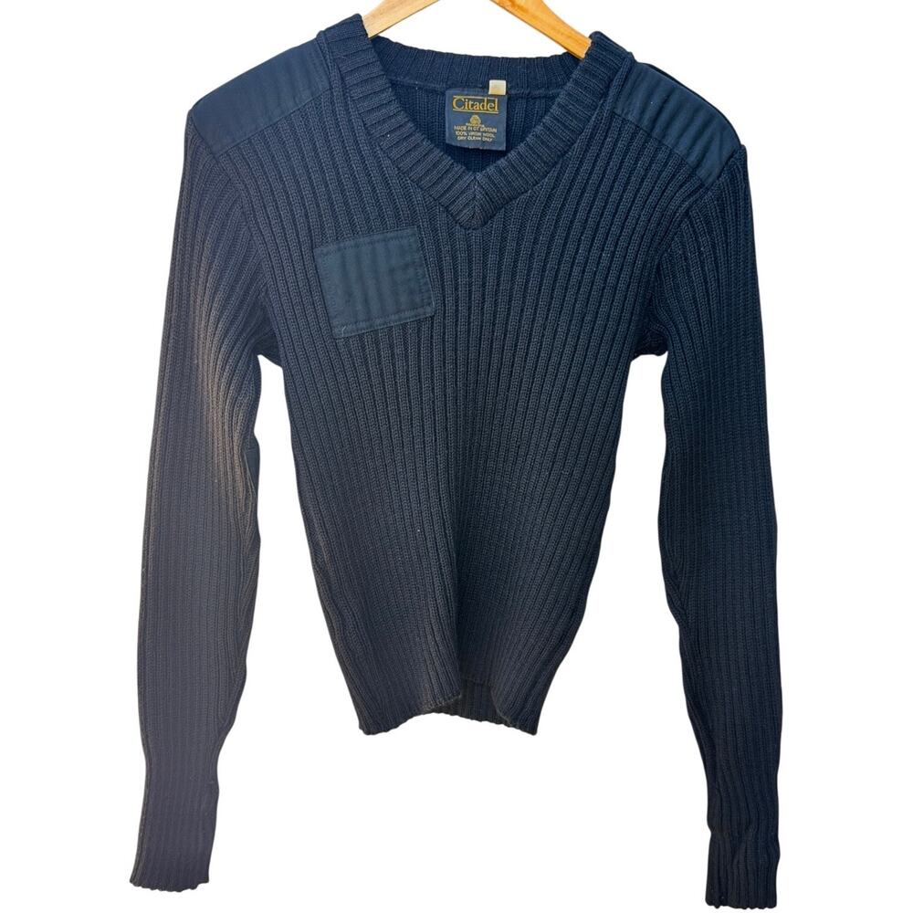 Citadel British Wool Sweater Mens Small Black Military Ribbed Knit Elbow Patch